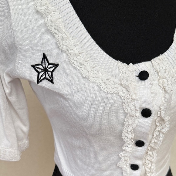 SWEATER WEATHER! Sourpuss Crop Cardigan with Star Embroidery and Anchor Design - Picture 3 of 3